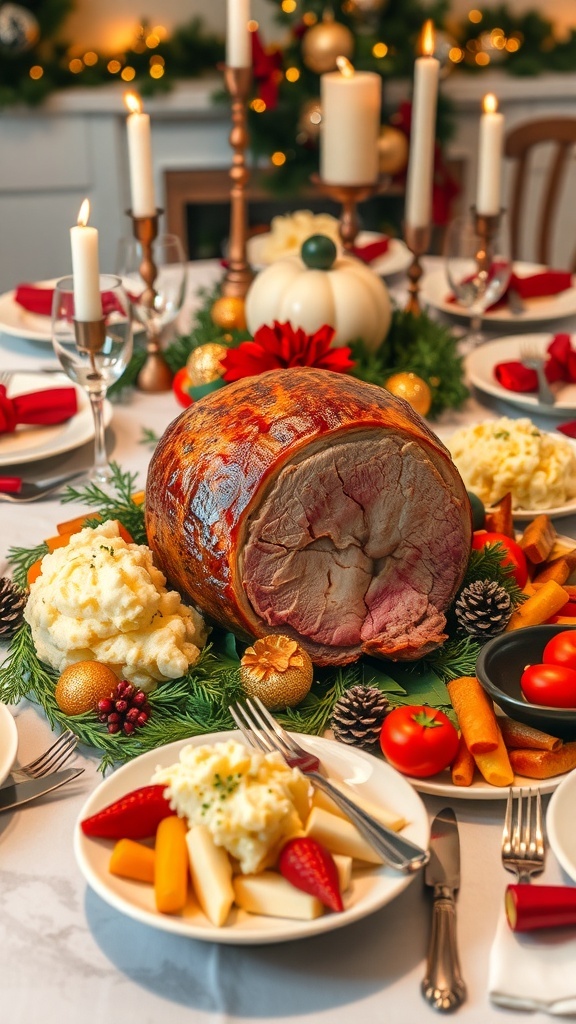 Crock Pot Christmas Dinner Ideas A festive Christmas dinner with glazed ham, mashed potatoes, and mixed vegetables on a decorated table.